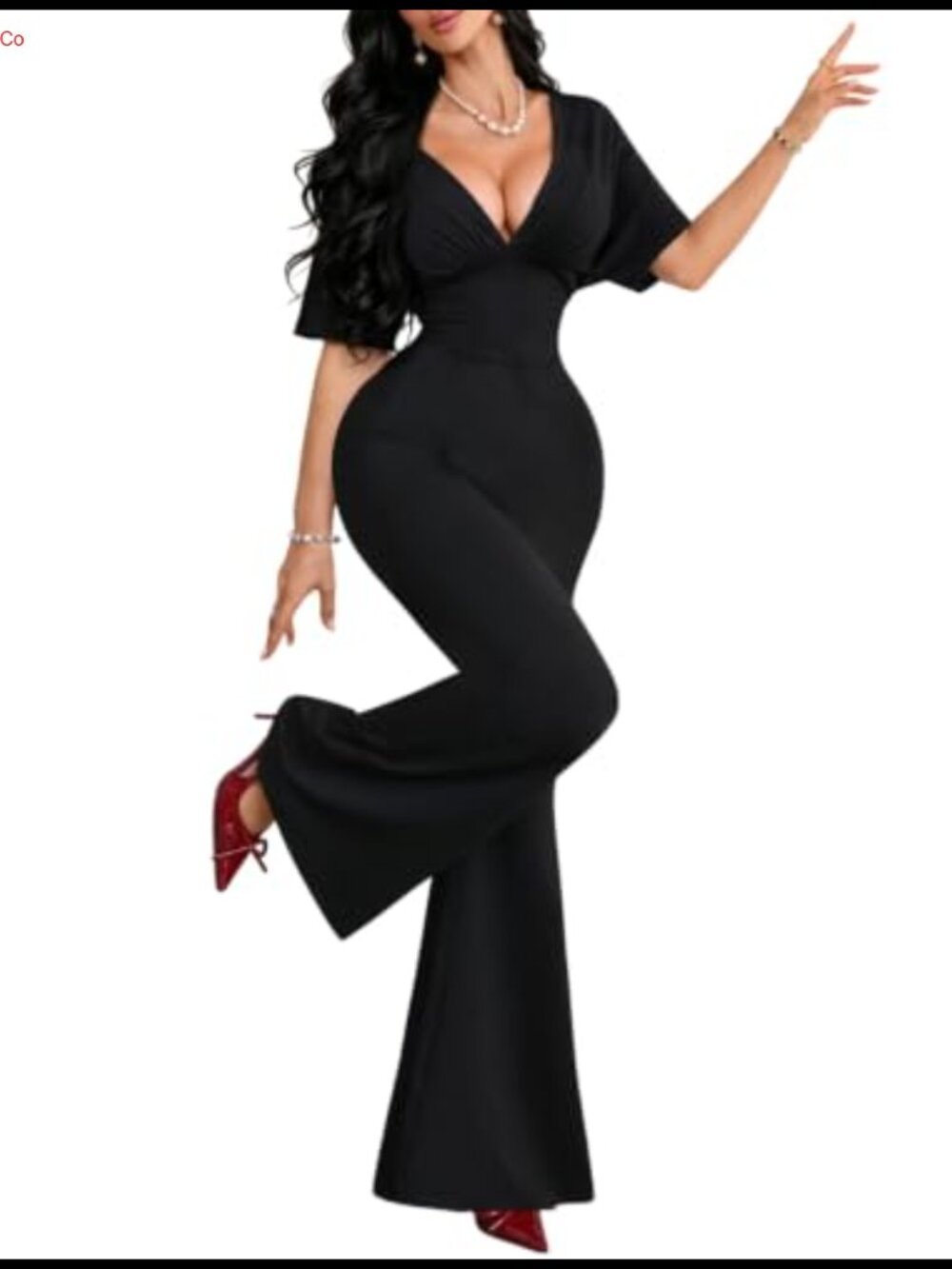Women's Flared Leg Jumpsuit with Batwing Sleeves V-Neck One Piece